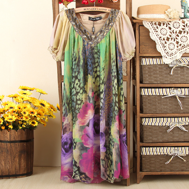 Sweet plus size chiffon one-piece dress female mm beads chiffon skirt beautiful multicolor(China (Mainland))