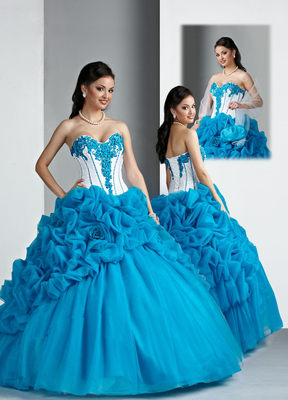 Strapless And Sweetheart Bandage Floor Length Appliques And Pick Up Ruffles Organza White And Light Blue