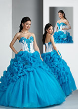 Strapless And Sweetheart Bandage Floor Length Appliques And Pick Up Ruffles Organza White And Light Blue Quinceanera Dress