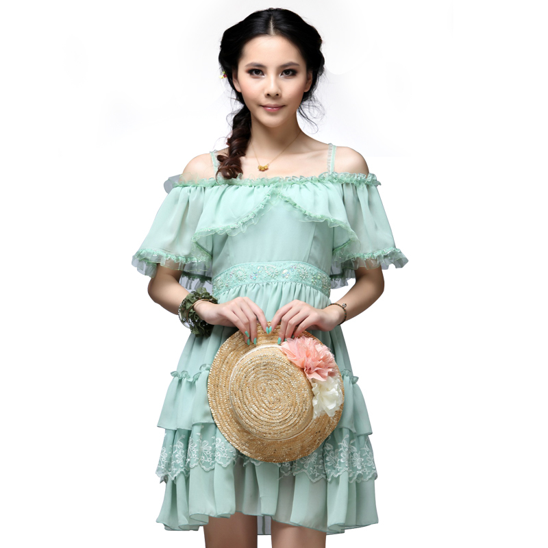 Original design sweet slit neckline lace chiffon cake decoration one-piece dress d1103(China (Mainland))