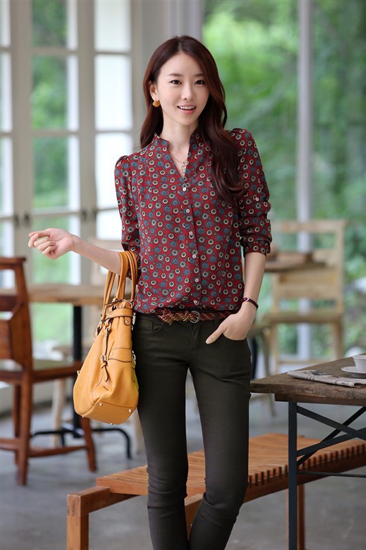 New Products for 2013 Women Chiffon Blouses Tops Burgundy Women Shirt Women's Shirts Vintage Female Blouse Free Shipping(China (Mainland))