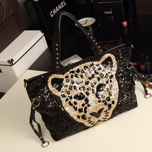 2013 new wave of female bag new bing the sequined leopard head retro handbag sequin shoulder diagonal package