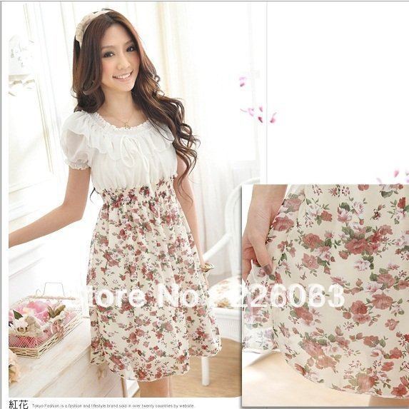 Free shipppping Ladies Dress Women Dresses Floral Chiffon Dress Red Purple flower #8078(China (Mainland))