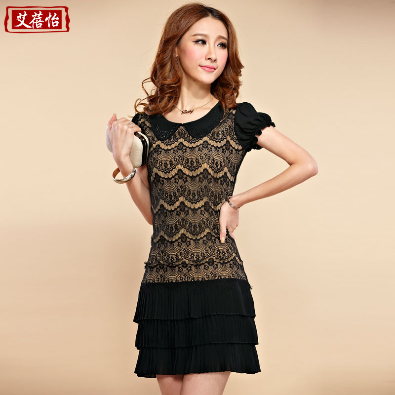 2013 skirt lantern sleeve peter pan collar black low-waist faux two piece chiffon one-piece dress princess dress(China (Mainland))