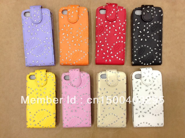 Diamond Bling PU flip leather cell phone case cover for iphone 4 in stock(China (Mainland))