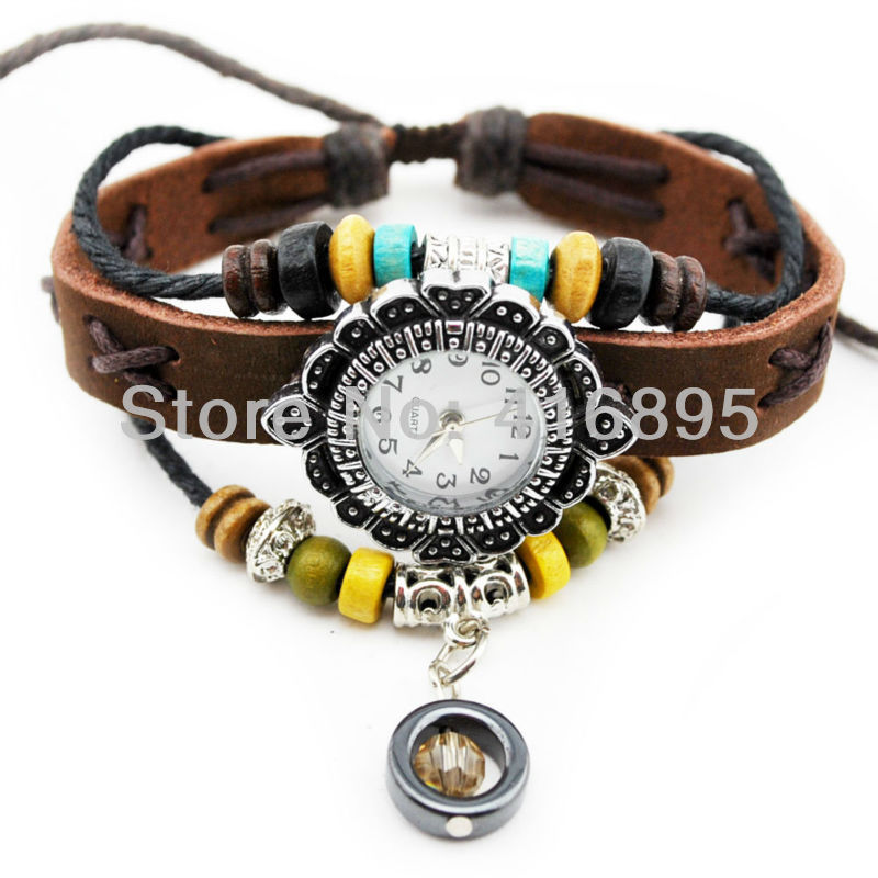 free shipping Wholesale W2/3pcs Retro Vintage Brown Leather Bracelet Innovative Wristwatch Watch Gift Present For Women/men 213(China (Mainland))