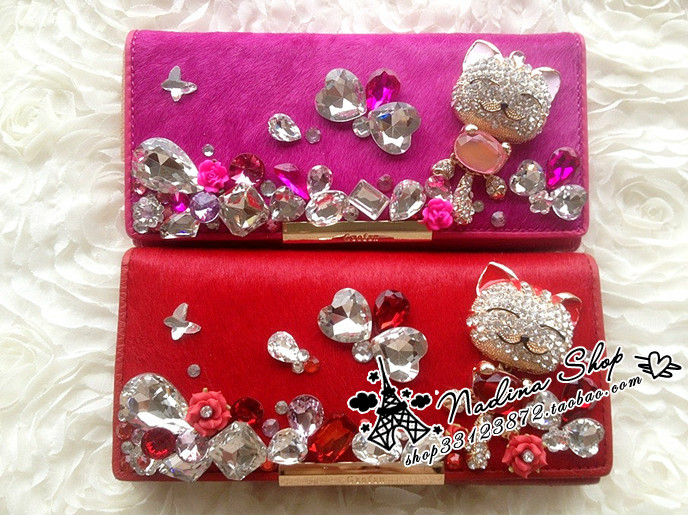 Luxury diamond limited edition lucky cat genuine leather rhinestone wallet birthday gift(China (Mainland))
