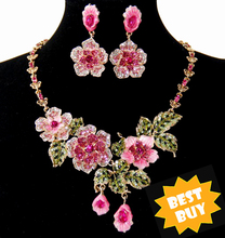 18k ouro folheado atacado preço rosa e azul brincos flor e colar bijuterias conjuntos transporte livre do casamento(China (Mainland))