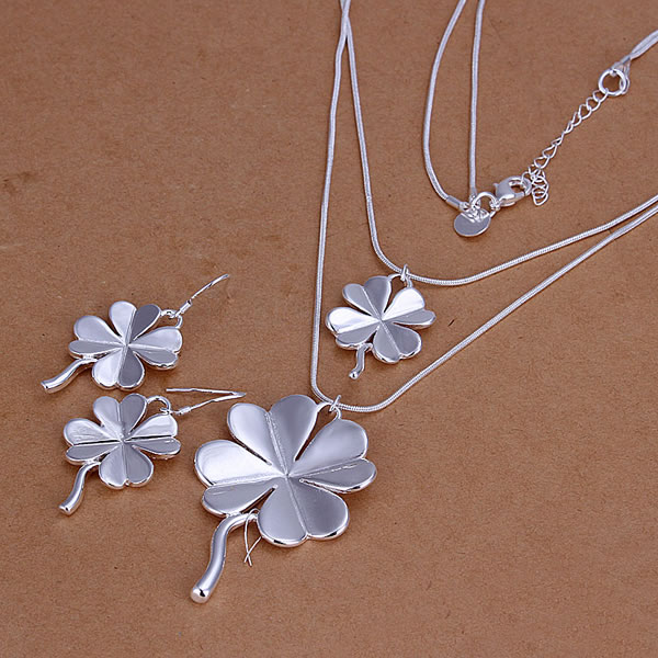 S184 925 silver jewelry set,Nickle free antiallergic Four-Leaved Clover Earrings Necklace Jewelry Set(China (Mainland))