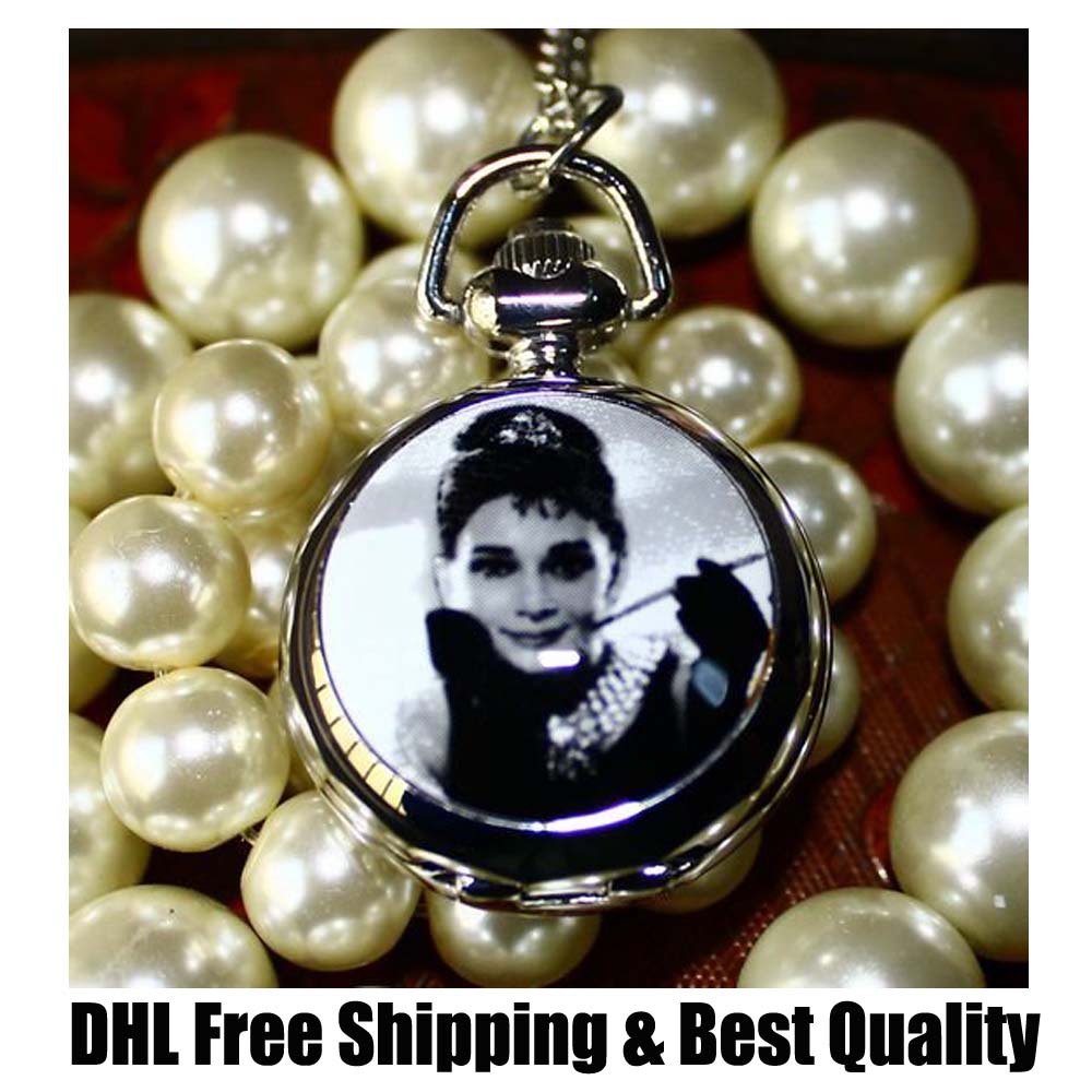 DHL fee shipping~European retro Marilyn Monroe Audrey Hepburn Memorial vintage quartz Pocket Fob necklace Watchs~Unique Vintage(China (Mainland))