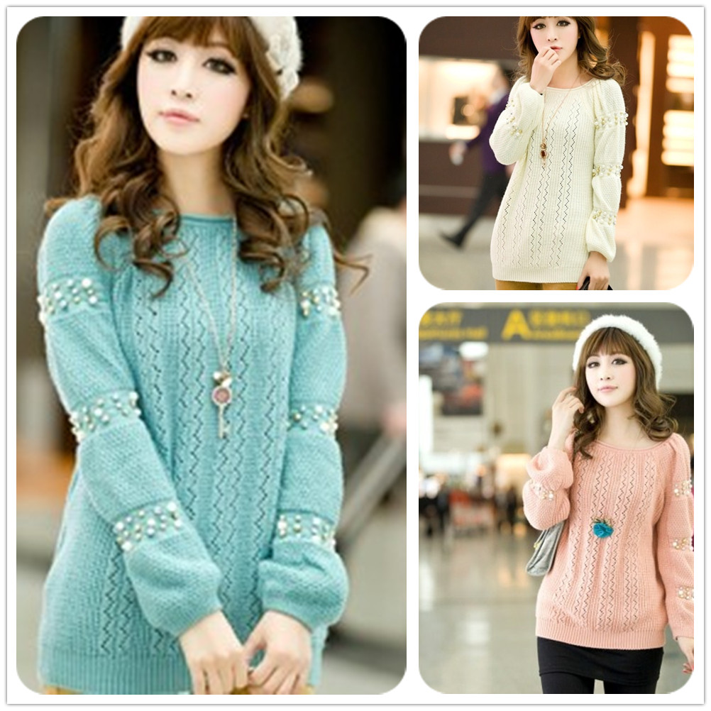 2012 low o-neck puff sleeve bead belt women's sweater t47(China (Mainland))