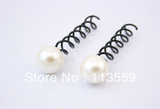 6P Big Pearl Black Metal Spiral Hair pin Clip Pick Barrette(China (Mainland))