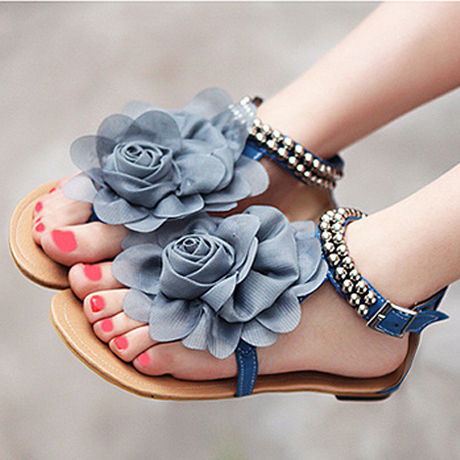 New arrival sweet chiffon flower flat flip-flop sandals summer bohemia beaded comfortable flat heel women's plus size shoes(China (Mainland))