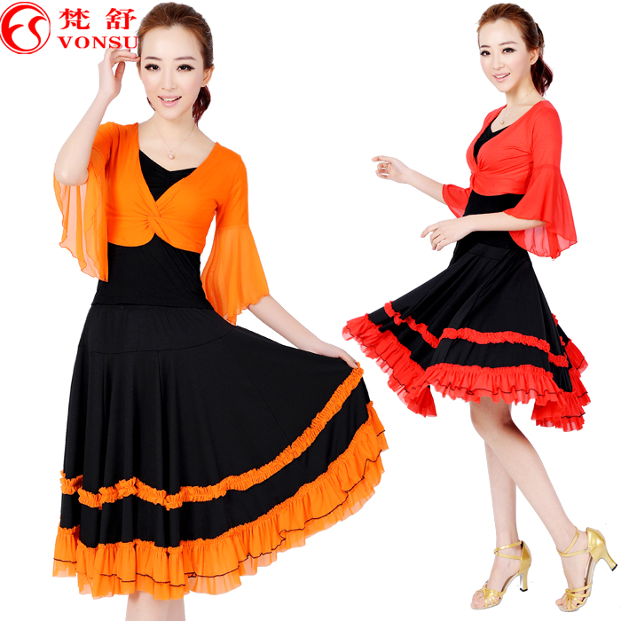 Square dance clothes dance clothes female Latin dance long-sleeve expansion skirt set spring and summer female plus size(China (Mainland))