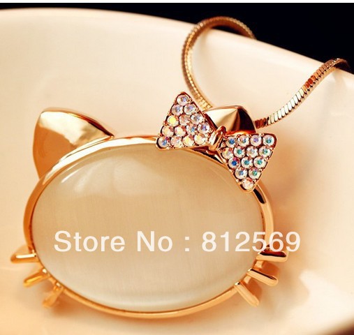 T183 Girl necklace Golden Kitty Cat red bow crystal bohemian Pendant Necklace Women charm chain necklace jewelry Free Ship(China (Mainland))