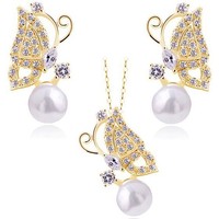 PDRS-YG355,Pearl Butterfly Fashion Jewelry set ,Necklace Stud Earrings ,Crystal Pearl Jewelry ,Wholesale