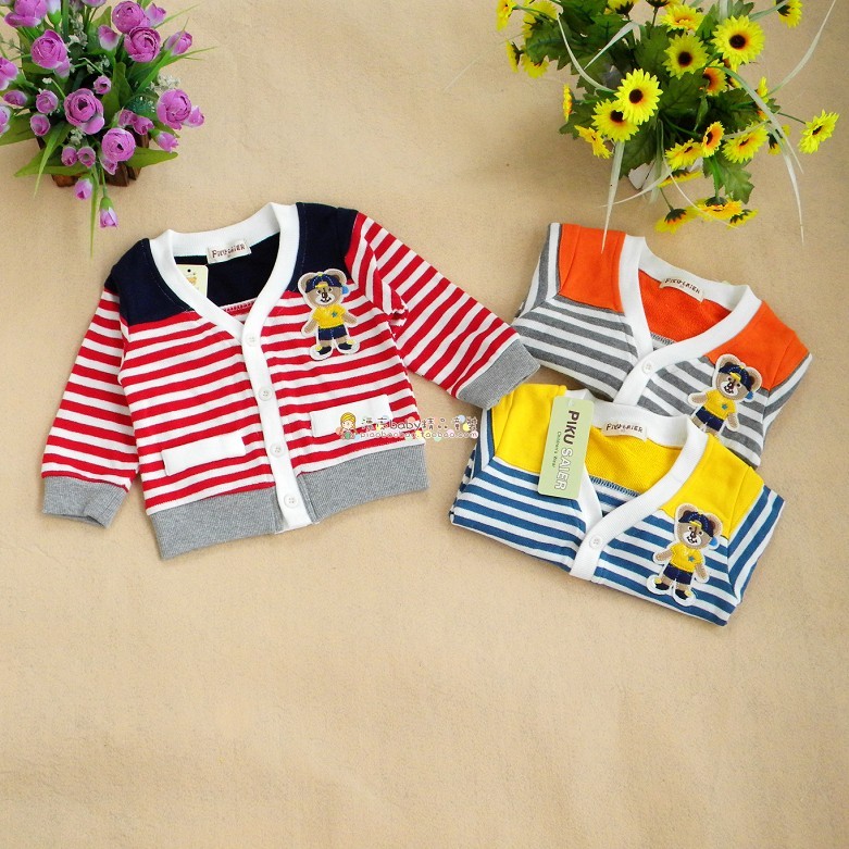 2012 seelbach autumn leather male child bear 100% horizontal stripe cotton yarn V-neck cardigan outerwear(China (Mainland))