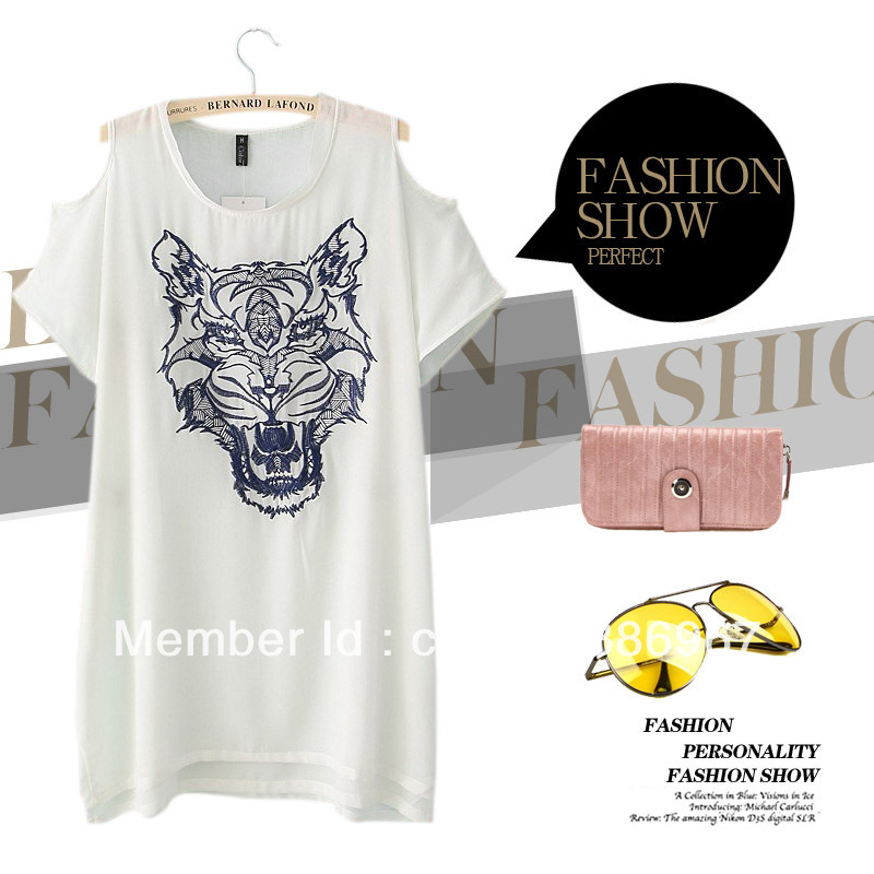 B35183-A30 summer female tiger head embroidery back the lace crochet stitching bare shoulder chiffon shirt with belt(China (Mainland))
