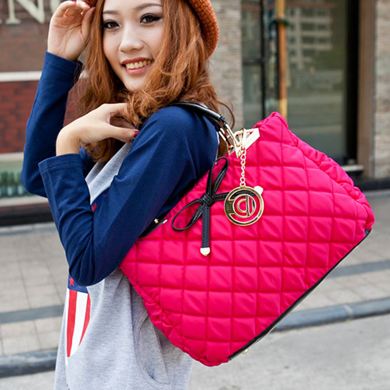 High quality 2013 japanned leather nylon cotton-padded jacket plaid bow bag portable one shoulder cross-body women's handbag(China (Mainland))
