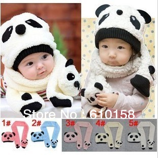 Special Offers! hot children hat 100% wool hat+scarf two piece set Panda cap children animal cap Warm winter Gift S49(China (Mainland))