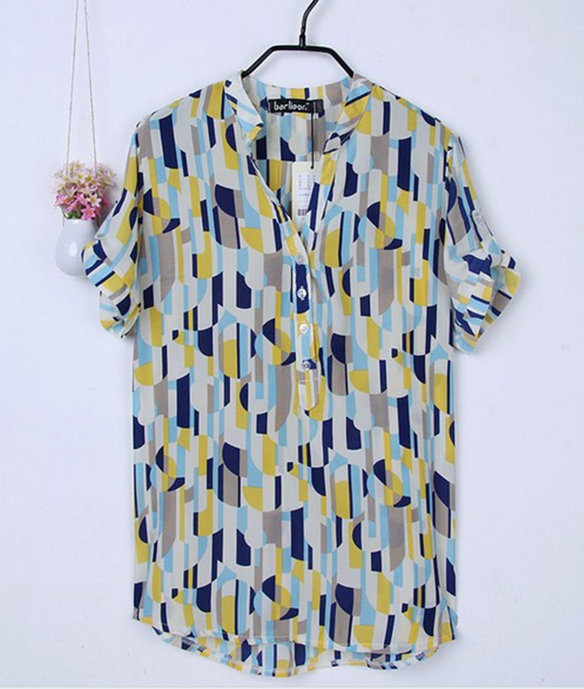European and American style casual geometric patterns collar shirt V-neck Women's short-sleeved shirt,Free Shipping!(China (Mainland))