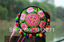 Original Design Ethnic 2side Embroidered Round Messenger Handbags Shoulder Bag Pink Ladies Cotton Sling Bags Xmas Gift Free Ship
