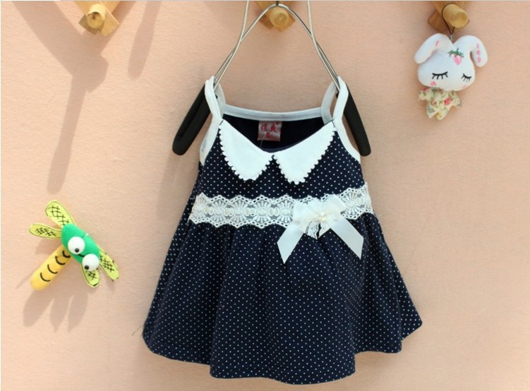 Wholesale Babies Cute Cotton High Quality Sling Dress with Lace And Bow Decoration, Dot Pattern Free Shipping 3 Colors 4pcs/lot(China (Mainland))
