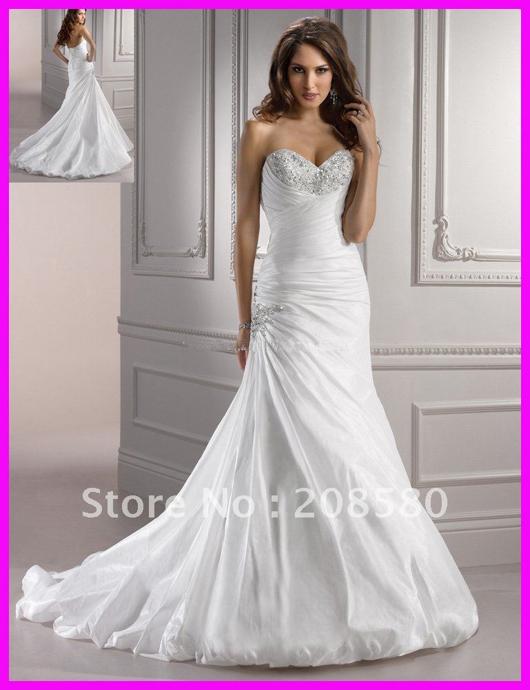 A-line V-neck beaded taffeta lace up back bridal gowns wedding dresses court train W596zarabridal(China (Mainland))