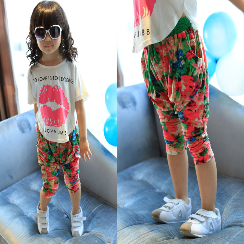 Female child symphony neon color block flower elastic waist pants harem pants legging children's clothing 2013 summer trousers(China (Mainland))