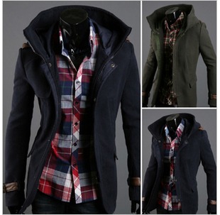 Classic 12 men's clothing unique leather buckle on male woolen overcoat with a hood outerwear(China (Mainland))