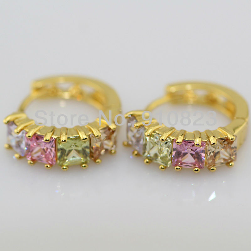 Women's Multi-color 18k Yellow Gold filled GF Small Hoop Earrings Crystal Zirconia jewelry free shipping(China (Mainland))