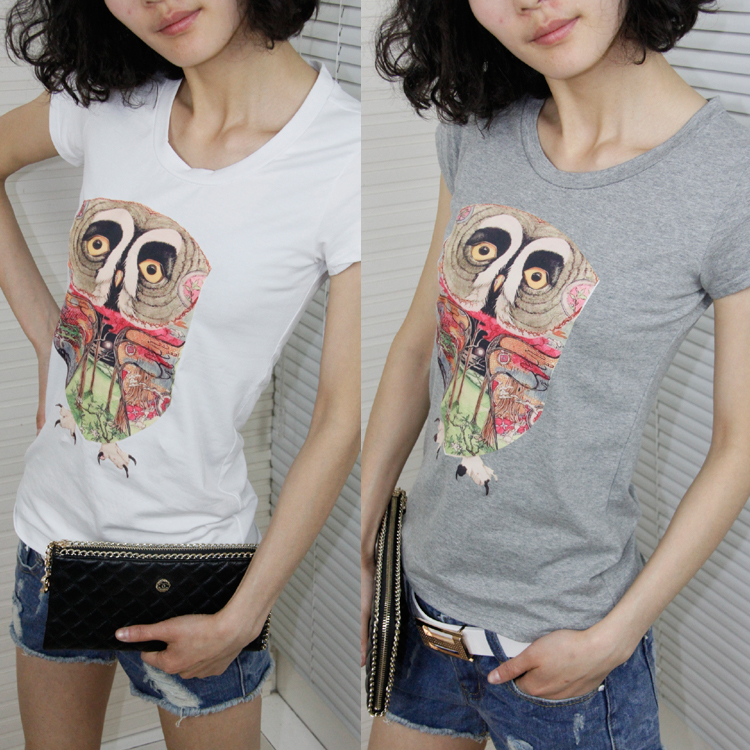 free shipping 2013 spring and summer fashion all-match owl pattern o-neck short-sleeve T-shirt female(China (Mainland))
