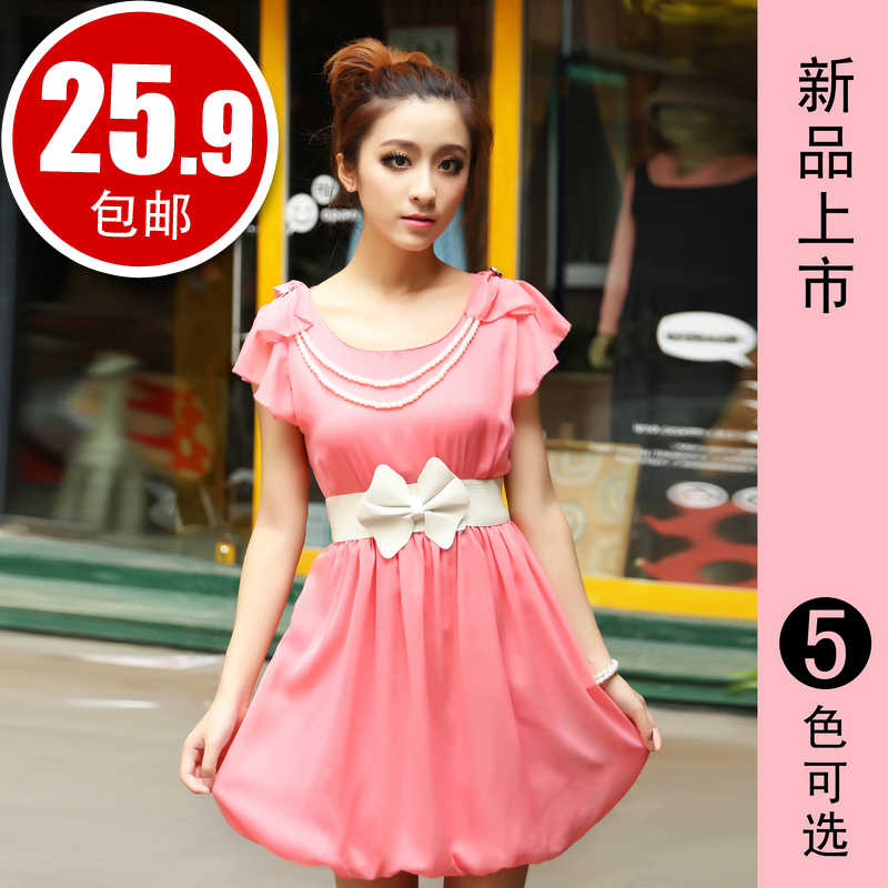 2013 women's summer bow chiffon short skirt bubble short-sleeve dress(China (Mainland))