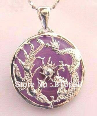 Free shipping silver set jewlery purple jade dragon phoenix amulet pendant necklace
