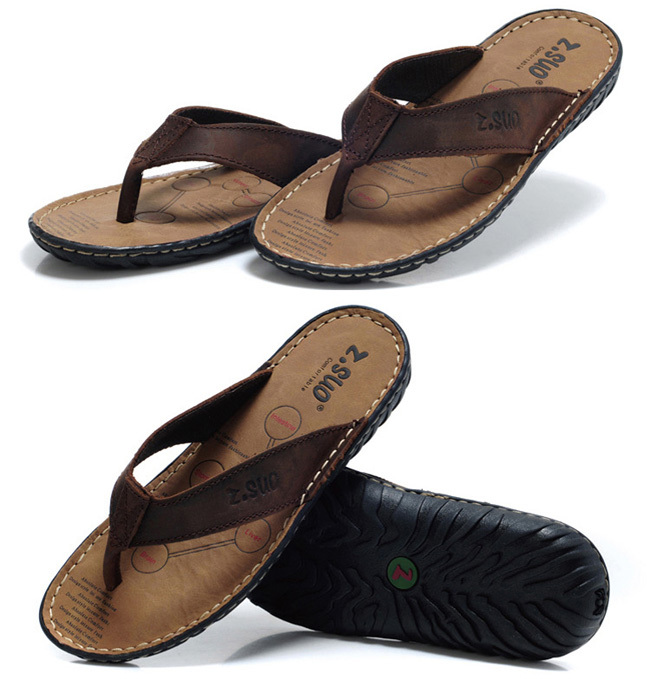 genuine leather flip flops men's beach slippers casual sandals for men ...