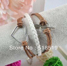 12PCS/LOT!Free Shipping!Silver Alloy Heart Leather Suede Cuff Bracelet Charm Fashion Cupid Women Costume Jewelry A-416