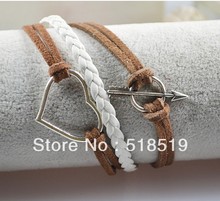 12PCS LOT Free Shipping Silver Alloy Heart Leather Suede Cuff Bracelet Charm Fashion Cupid Women Costume