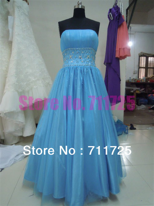 Free Shipping Real Sample Blue A Line Masquerade Ball Gown Beads Rhinestone Crystal Floor Length Quinceanera
