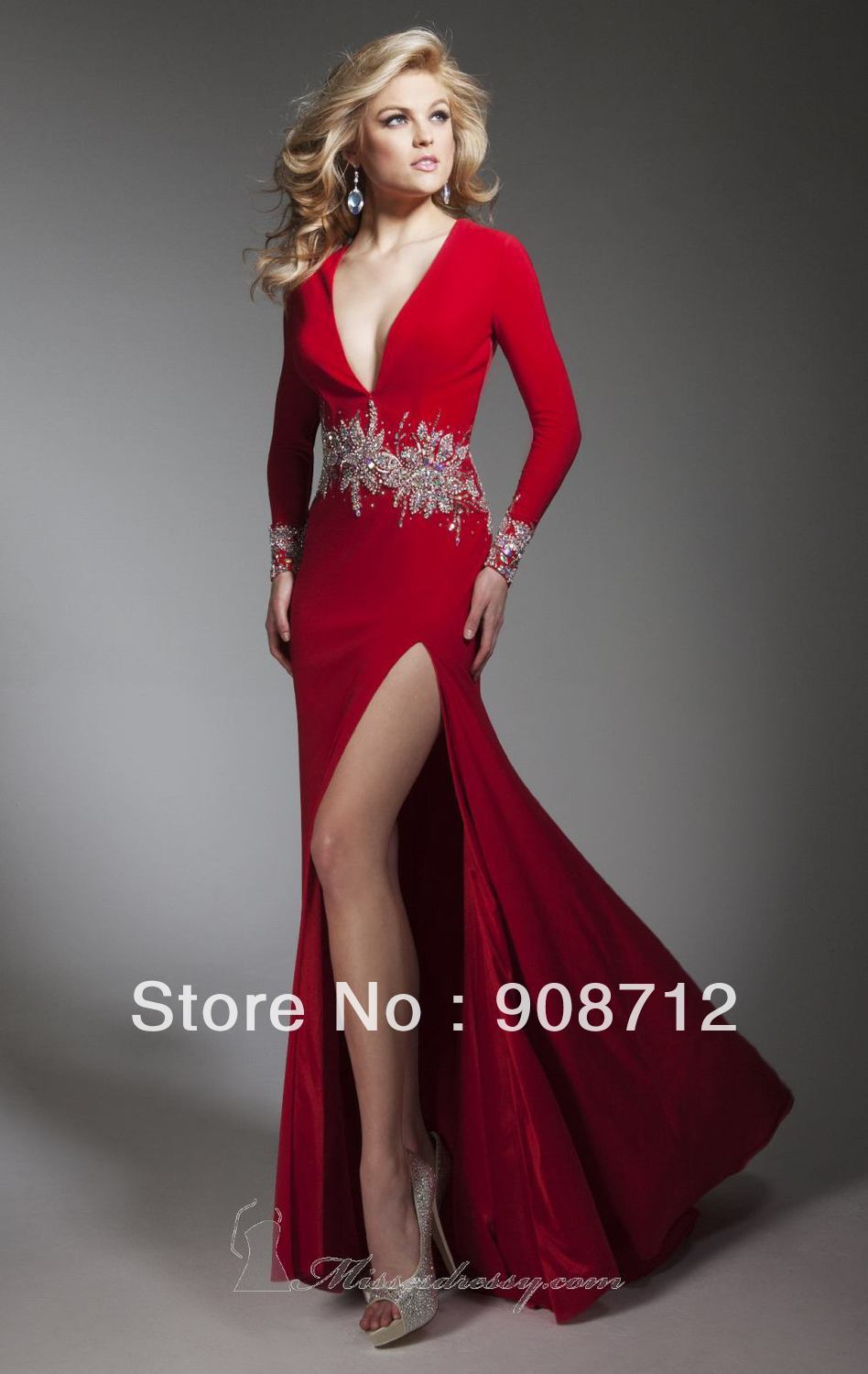 Long-Sleeve-V-neckline-Designer-Stunning-Evening-Gown-Red-Carpet-Dress ...