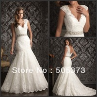 Crazy Sell New Perfect Elegant Mermaid/Trumpet Lace White/Ivory Wedding Dress V Neck Bridal Gown Custom Size Free Shipping WQ2