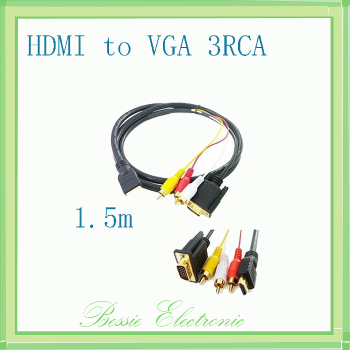 1.5M free shipping Gold Plated HDTV HDMI to VGA 3 RCA converter cable(China (Mainland))