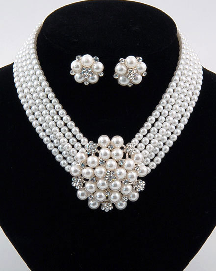 Victorian Audrey Hepburn Crystal White Pearl Flower Statement Necklace Set(China (Mainland))