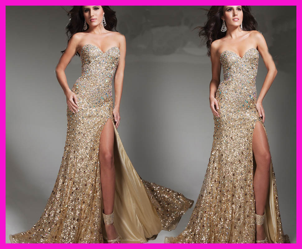 Gold Sparkly Long Column Side Slit Women Prom Evening Dress Beads And ...