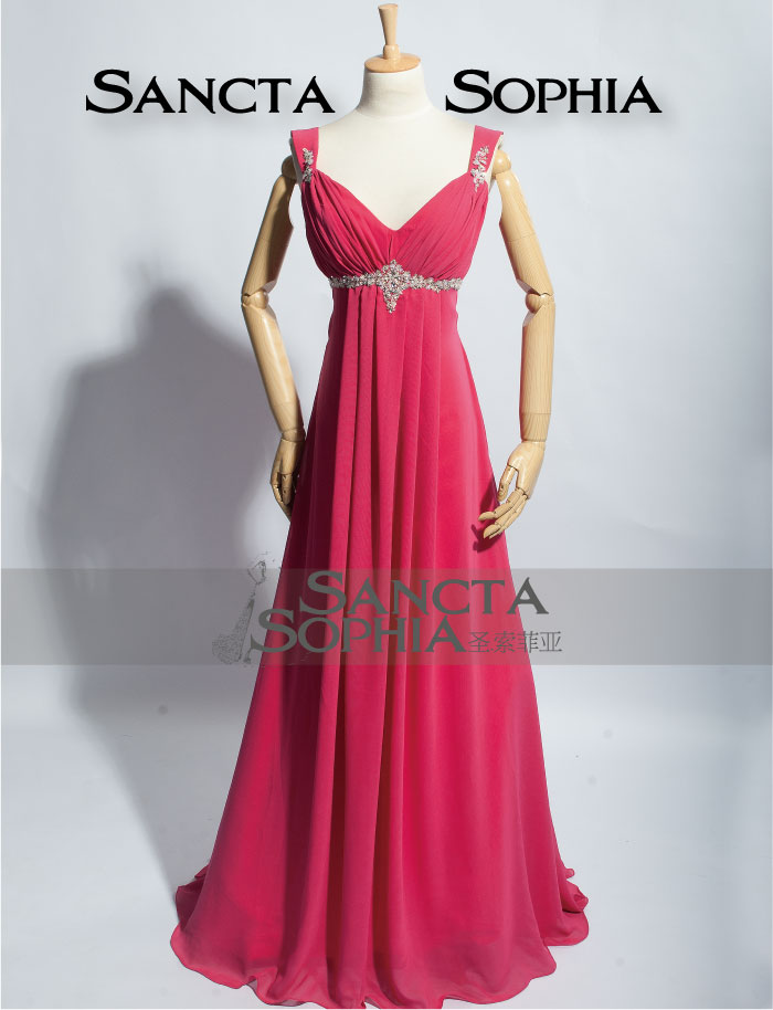 ... Dress-Crystal-Motif-Adorned-Empire-A-Line-Deep-V-Neckline-Red-Carpet