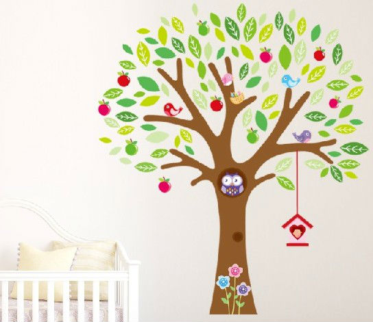 New 160cm*140cm owl big apple tree colorful birds and nest cartoon animal wall stickers for kids rooms(China (Mainland))
