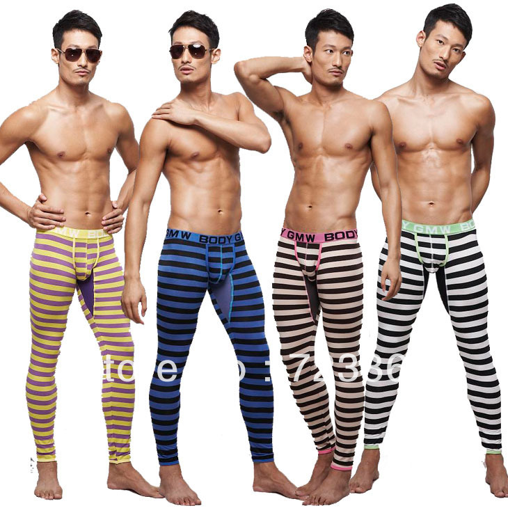 Gmw male long johns low-waist sexy tight elastic modal stripe legging pants warm cotton wool pants(China (Mainland))