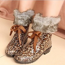 women  rainboots bow lacing removable liner fox fur rain boots waterproof  ankle rubber boots for women