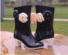 mid calf  women rain boots high heels  galoshoes bowties lady wellies