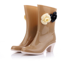 2014 mid calf women flower rain boots high heels galoshoes bowties lady wellies gatos