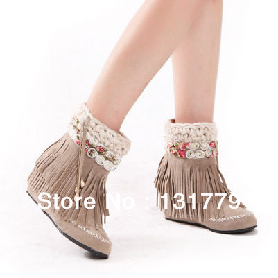 free shipping autumn and winter flower round toe tassel boots elevator High quality tassel boots fashion